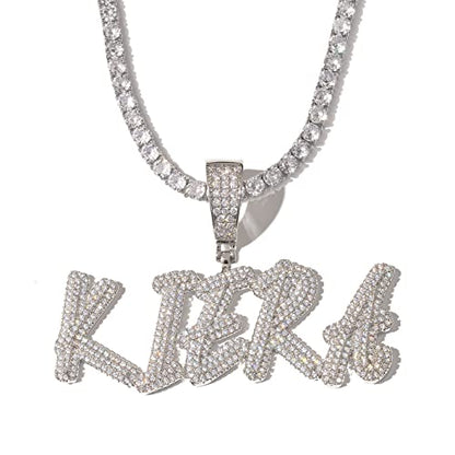 Lulu Mel Iced Out Personalized Cursive Name Necklace For Trendy Women, Custom Handmade Nameplate Pendant With Cuban Link Chain, White Gold Plated Hip Hop CZ Diamond Jewelry Gifts - color: Silver