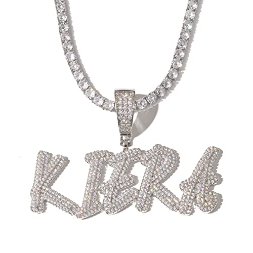 Lulu Mel Iced Out Personalized Cursive Name Necklace For Trendy Women, Custom Handmade Nameplate Pendant With Cuban Link Chain, White Gold Plated Hip Hop CZ Diamond Jewelry Gifts - color: Silver