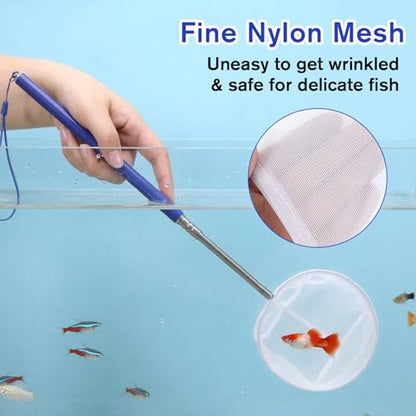 Aquarium Fish Net, 4 Inch Fine Mesh Shrimp Nets with 12.4" to 43" Long Extendable Stainless Steel Handle Round Small Fish Nets for Fishes Shrimp Tank Pond Creek Food Residue Debris Skimming Tool