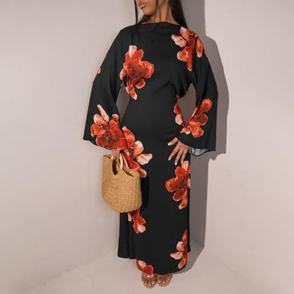 FYMNSI Womens Muslim Dresses Bell Sleeve Floral Butterfly Abaya Modest Dubai Kaftan Islamic Dress Eid Ramadan Prayer Clothes - color: Black, size: Small