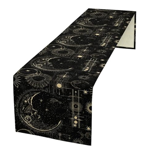Celestial Sun Moon Table Runner, Mystic Black Gold Sun Moon Phase Astrology Stars Table Runner for Kitchen Dinning Bedroom Table Decor Party Holiday, 13x36 - color: Sun Moon-2, size: 13"W x 36"L