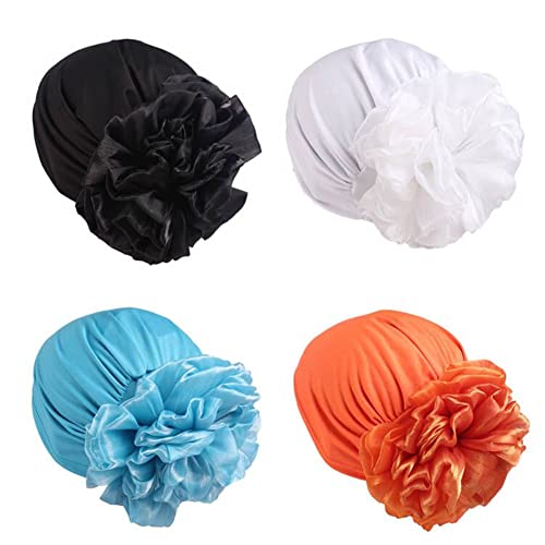 Women Flower Elastic Turban Beanie Head Scarf wrap Chemo Cap hat for Cancer Patient - color: Black White Lake Blue Orange
