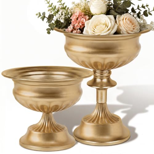 WORTH Gold Urn Vases for Centerpieces Set of 2 (8.8" H x 7.8" Dia & 6.1" H x 7.8" Dia), Classic Metal Trumpet Flower Pot for Table Bowl Vase for Wedding Party Event Home Deco, Smooth, Non-Aged Finish - color: Gold, size: Large + Small