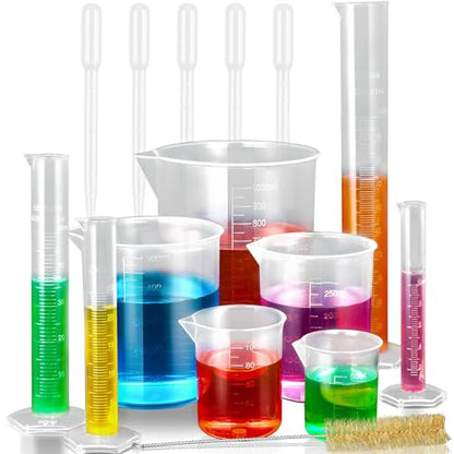moveland Plastic Graduated Cylinders and Beakers with 5 Pipettes, 10ml 25ml 50ml 100ml Cylinders, 50ml 100ml 250ml 500ml 1000ml Beakers, Ideal for DIY and Kids Science Lab | 10-100ml Cylinders, 50-1000ml Beakers & 5 Pipettes, Food-Grade Shatterproof, Accu
