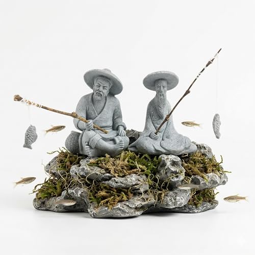 LIYAOLI 2 Pack Mini Fisherman Statue, Japanese Zen Aquarium Decor for Tank | Resin fisherman figurine set of 2. Zen Japanese style aquarium decor. Sturdy for fish tank, desk & home ornament - color: 2 Pcs Fisherman