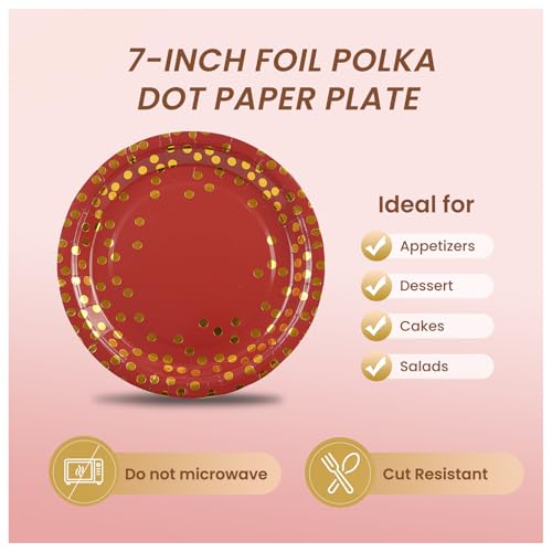 Paper Plates and Napkins Set, Red and Gold Dot, 75PCS, Serves 25 - color: Red Gold Dot, size: 7inch-75pcs