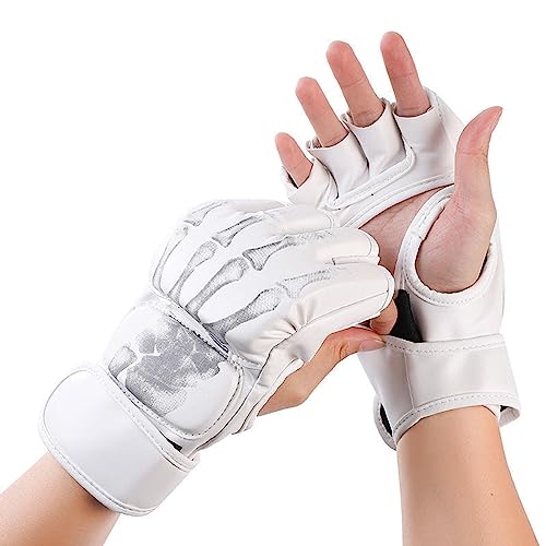 Boxing Gloves Gear Open Palm MMA Half Mitts Lightweight Breathable PU Leather Shock Pad Half Finger Suitable for Adults Men Women Fitness M, White Skeleton