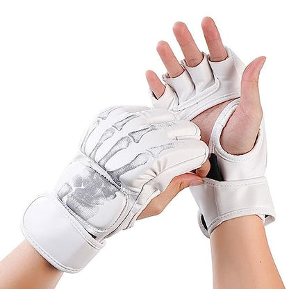 Boxing Gloves Gear Open Palm MMA Half Mitts Lightweight Breathable PU Leather Shock Pad Half Finger Suitable for Adults Men Women Fitness M, White Skeleton