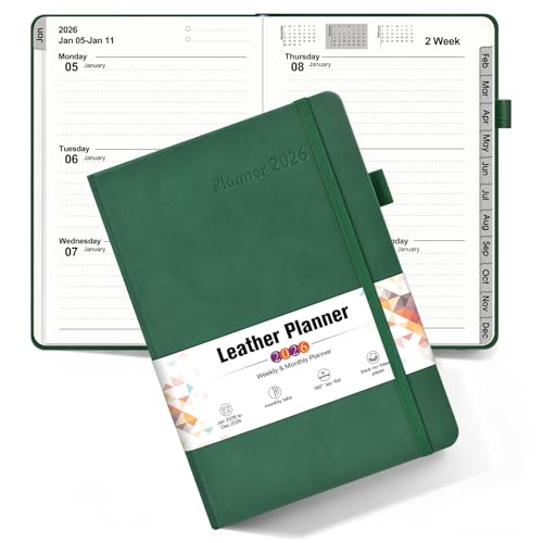 2026 Weekly & Monthly Planner, 12 Months Hardcover Planner from January 2026 - December 2026, Leather Agenda Organizer Book 2026 with Tabs, Daily Calendar Planners for Work School Home, A5 (5.75" x 8.38"), Green - color: Green