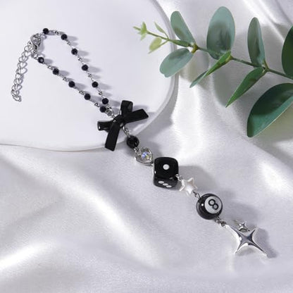 Black Bow Car Mirror Chain Y2k 8 Ball Star Beaded Hanging Charm | Y2k Aesthetic Hanging Charm With 8 Ball And Star Pendant. Beaded Car Rearview Mirror Chain. Cute Car Interior Decor - style: Star