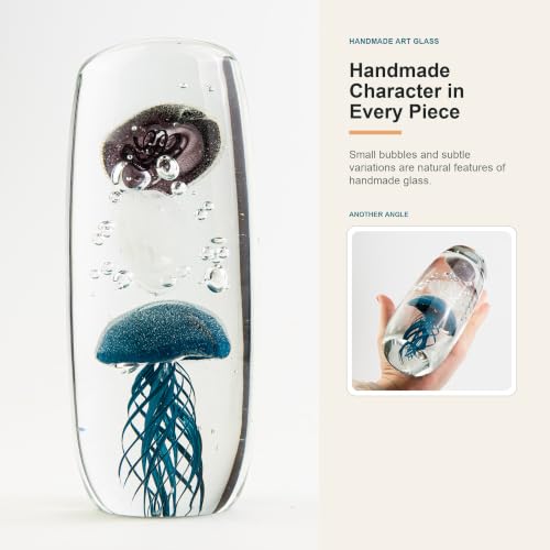 Glow in the Dark Jellyfish Paperweight, 6.8" Tall Glass Cylinder Aquarium with 3 Floating Jellies (Blue, White, Grey), Luminous Ocean Decor Night Light for Home Office