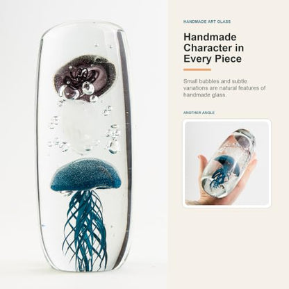 Glow in the Dark Jellyfish Paperweight, 6.8" Tall Glass Cylinder Aquarium with 3 Floating Jellies (Blue, White, Grey), Luminous Ocean Decor Night Light for Home Office