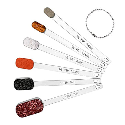 Long Handle Measuring Spoons Set of 6, Stainless Steel Measure Teaspoons | High Precision, Food-Grade, ‌Rust-Free, Dishwasher-Safe, Easy-Read Markings, Multi-Purpose, Sturdy & Durable