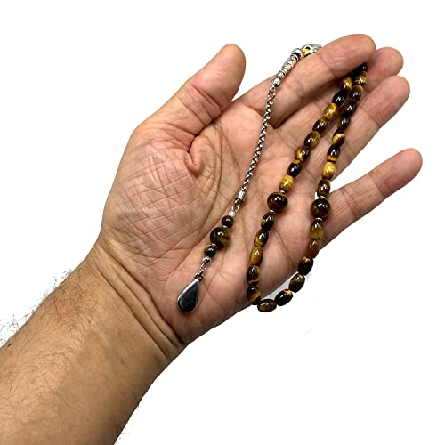 Design -Tiger Eye Stone Series Worry Beads - Prayer Beads (8 mm-33 Beads) Tesbih-Tasbih-Tasbeeh-Misbaha-Masbaha-Subha-Sebha-Sibha-Rosary (-Oval Cut Drop Model 6x9 mm-) - color: -Oval Cut Drop Model 6x9 mm-