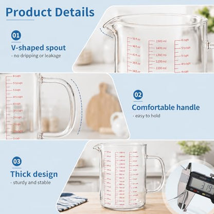 Glass Measuring Cup, 6Cup/1500ml/50oz Glass Liquid Measuring Cup With Handle and V-Shaped Spout High Borosilicate Glass-Measuring-Cup for Kitchen or Restaurant, Easy to Read