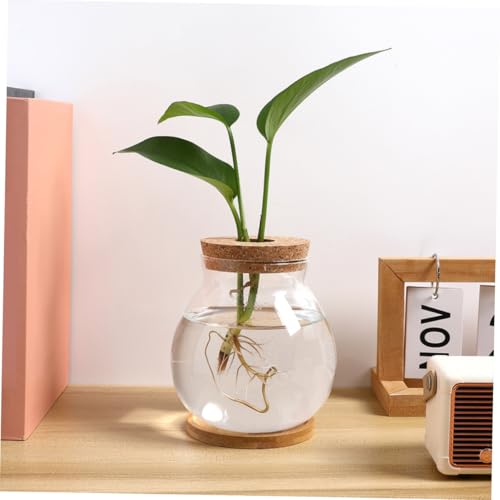 Happyyami Small Fish Bowl with Wood Lid Hydroponic Glass Mini Aquarium 10x11cm with Mat Desktop Fish Tank and Home Office Decor