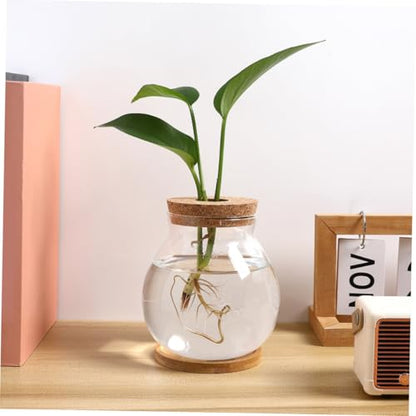 Happyyami Small Fish Bowl with Wood Lid Hydroponic Glass Mini Aquarium 10x11cm with Mat Desktop Fish Tank and Home Office Decor