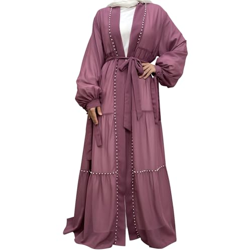 Abayas For Women Muslim Ramadan Long Sleeve Open Front Imitation Pearls Tiered Chiffon Dress Cardigan with Belt Dubai Kaftan - color: Purple, size: XX-Large