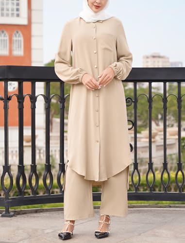 ODIZLI Women's Muslim 2 Pieces Sets Long Sleeve Button Down Shirt and Pants Abaya Casual Dress Dubai Outfits - color: Champagne, size: Medium