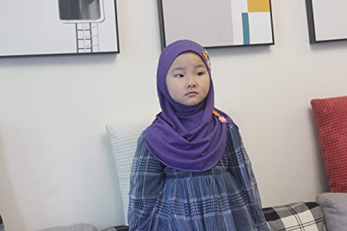 Girls Instant Hijab – Soft Kids Muslim Scarf with Flower, Breathable One-Piece Headscarf for Toddlers Age 2-8 - color: Purple