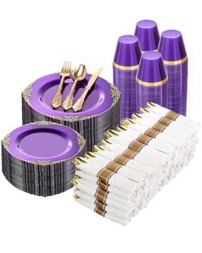Goodluck 700 Piece Clear Purple Plastic Dinnerware Set for 100 Guests - color: Purple, size: 100 Guests