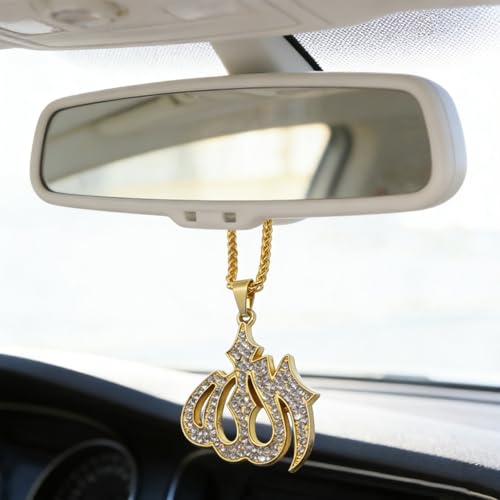 Muslim Allah Crystal Car Rearview Mirror Hanging Ornament Islamic Arabic Script Metal Charm for Auto Interior Decor