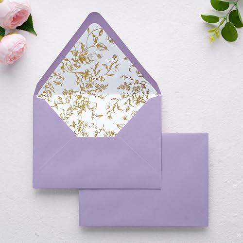 PONATIA A7 Euro Flap Gold Foil Liner Envelopes, Lilac 5x7 Envelopes - color: Lilac + Goil Foil