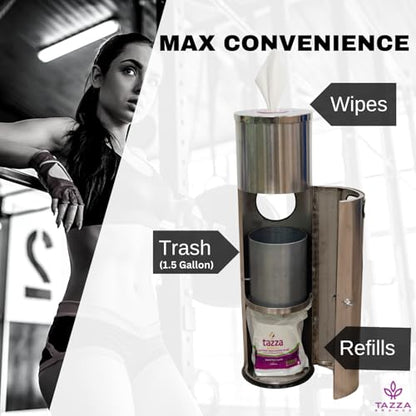 Tazza Stainless Steel Gym Wipe Dispenser with Trash Bin and 4 x 1200 Count Fitness Equipment Wipes, 4800 Total Wipes, Commercial Floor Standing Wipe Station for Gyms & Fitness Centers
