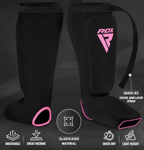 RDX Shin Guards Kickboxing Muay Thai, SATRA Approved, MMA Leg Instep Protection Pads, Sparring Training Martial Arts Boxing, Elasticated Padded Protector, Karate BJJ Taekwondo Gear, Men Women - color: Black Pink, size: Large
