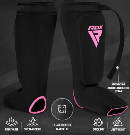 RDX Shin Guards Kickboxing Muay Thai, SATRA Approved, MMA Leg Instep Protection Pads, Sparring Training Martial Arts Boxing, Elasticated Padded Protector, Karate BJJ Taekwondo Gear, Men Women - color: Black Pink, size: Medium