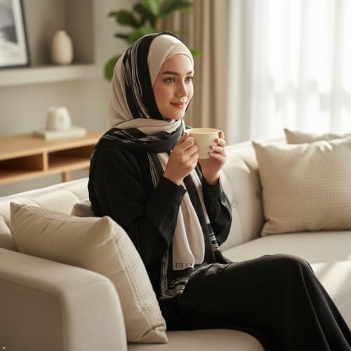 Hijab Modest and Elegant | Beautifully Designed Printed Chiffon Patterns | Muslim Women Head Scarf and Veil - color: Beige B