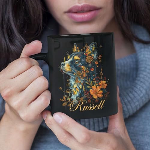 Personalized Dog Floral Coffee Mug, Custom Name Animal Themed Cup, Flower Mug For Daughter, Customized Pet Lovers Ceramic Cup, Dog And Floral Design Black Mug 11oz 15oz, Dog Cup - color: THU-924-1958-Dog
