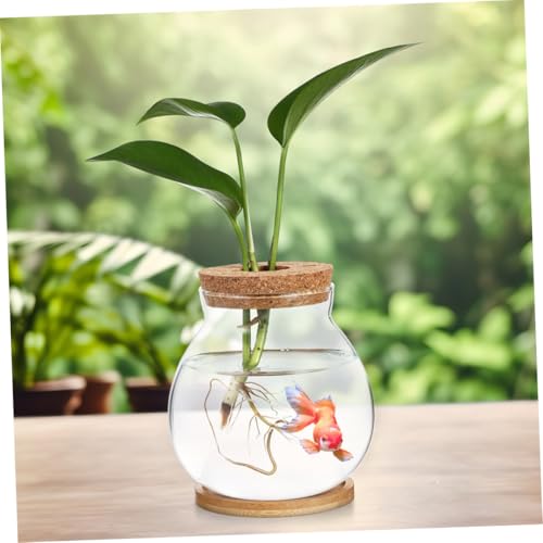 Small Glass Fish Bowl with Wood Lid, Hydroponic Desktop Aquarium Tank 10x11cm with Mat, Mini Planter Fish Tank for Home and Office Decoration