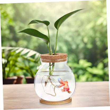Small Glass Fish Bowl with Wood Lid, Hydroponic Desktop Aquarium Tank 10x11cm with Mat, Mini Planter Fish Tank for Home and Office Decoration