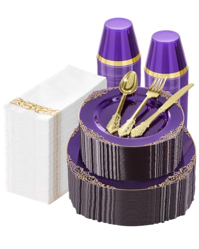 Bestluck 525PCS Clear Purple Disposable Plates for 75 Guests - color: Purple, size: 75 Guests