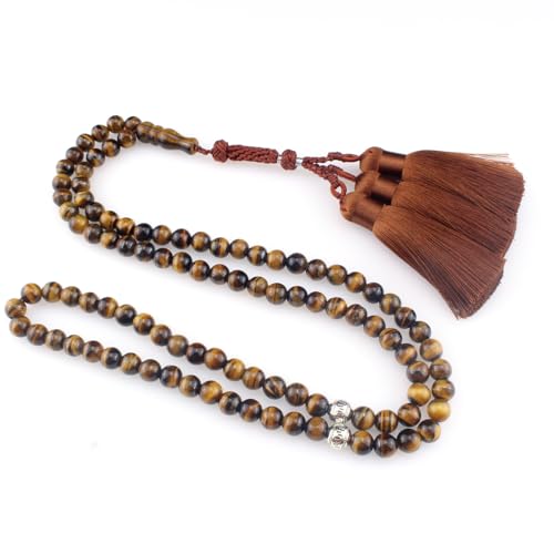 Muslims Islamic Dhikr Tasbeeh Tasbih Prayer Beads, 99 Tiger Eye Stone Beads with Tassel