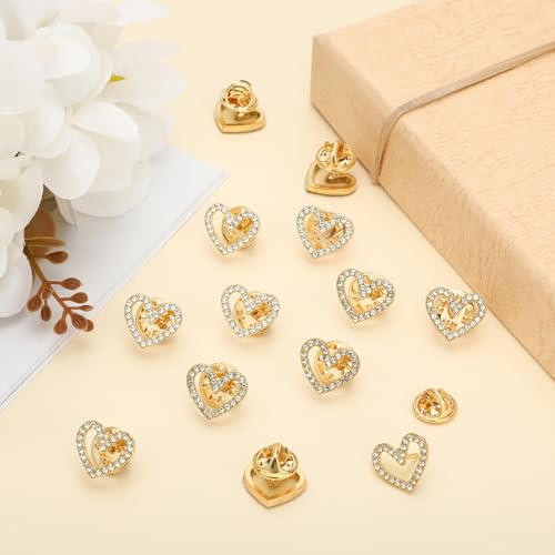 Tondiamo 50 Pcs Heart Brooch Pins, 1.5cm Rhinestone Heart Lapel Pins Small Hollow Crystal Brooches for Award Alloy Scarf Ring for Dress Hat Scarf Bag Pocket Clothing Wedding Party Bulk Gifts - color: Gold