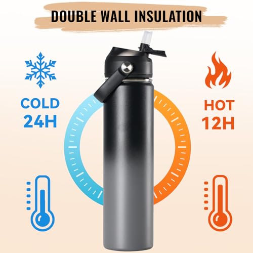 Fijinhom 24oz Insulated Stainless Steel Water Bottle, Wide Mouth Double Wall Vacuum, Silicone Straw, Sweat & Leak Proof, BPA Free Insulated Water Flask for Travel, Keep Cold 24h Hot 12h, Grey - color: Grey Gradient, size: 24 Ounces