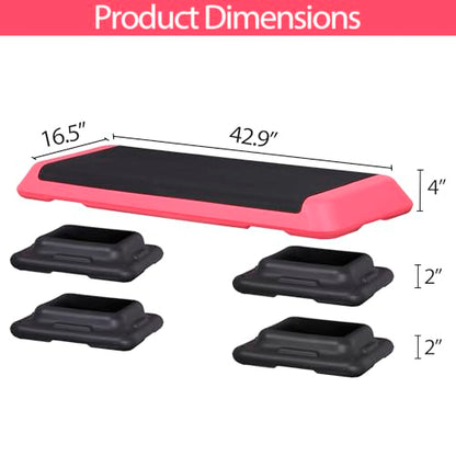 F2C 43 inch Aerobic Exercise Step Platform Adjustable Height Stepper Exercise Workout Step Bench with 4 Risers 4" - 6" - 8" Large Fitness Exercise Stair Step for Home Gym Fitness Training - color: Rose Pink