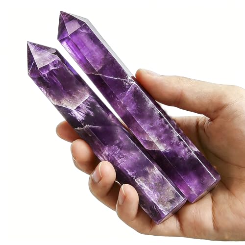 Natural Amethyst Crystal Point - 5.8-6.2 inch Amethyst Wand with Iridescent Rainbow Flash Stone for Energy Protection, Spiritual Awakening & Decoration - (Amethyst /5.8-6.2 inch 2pcs) - color: Amethyst / 5.8-6.2 Inch 2pcs