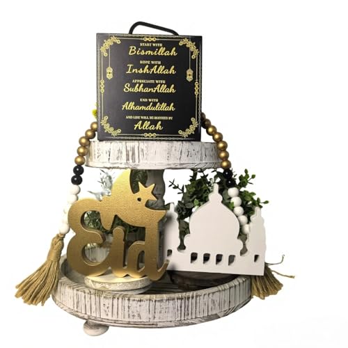 Dazingart Ramadan Decorations Eid Mubarak Table Decor for Home, Islamic Ramadan KareemTiered Tray Decor for Muslim Party Tabletop Decor with Gold Wood Beads Garland with Tassels (Eid) - color: Eid
