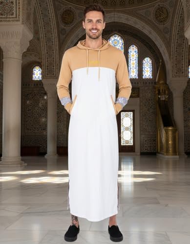 Men’s Hooded Thobe – Urban Long Sleeve Islamic Robe - White & Beige Kaftan for Eid, Prayer, Ramadan & Casual Outfits - size: Small