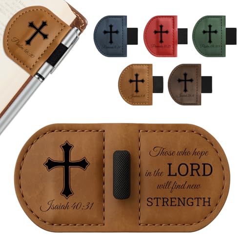 Bygone Mark Personalized Magnetic Leather Bookmark with Pen Holder - Inspirational Bible Verse Scripture Design, Custom Book Marker for Book Lovers Men Women (Brown-Isaiah 40:31) - color: Brown, size: Isaiah 40:31