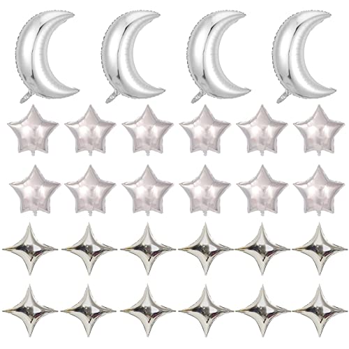 28Pcs Silver Moon Star Shape Foil Balloons with 24Pcs Silver Star Balloons and 4Pcs Large Moon Foil Balloons for Baby Shower Wedding Decors Anniversary Birthday Decorations Party Decoration - color: Silver 28pcs