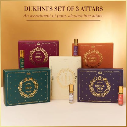 Dukhni Royal Oud Attar Oil Set Pure original Oudh oil, Islamic fragrances, Eid & Ramadan gifts for men and women | 3 assorted mini roll on perfume scents x 6ml | Arabic oudh oil, arab perfumes