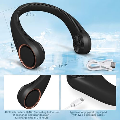 CIVPOWER Neck Fan: Portable Personal Neck Cooling Rechargeable Bladeless Fan - Hands Free 3 Speed 4000 mAh Battery USB Operated Wearable Headphone Design - Gift for Men Women Outdoor (Black) - color: Black