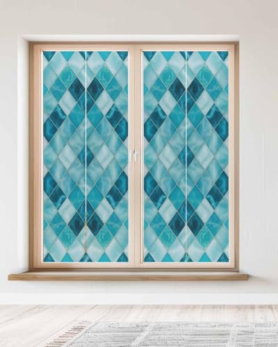 Window Privacy Film Teal Blue Diamond Window Clings for Glass Windows Modern Geometric Lines Windows Film Static Cling Frosted Windows Sticker Covering for Bathroom Living Room Office 23.6"x59" - size: 23.6"x59"