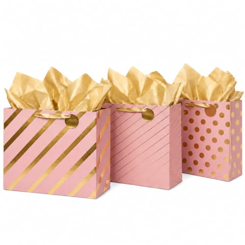 MilkToast Brands Large Gift Bags Set of 3 – Colored & Gold Designs (Polka Dot & Stripes) with Tissue Paper & Blank Gift Tags – Premium Gift Wrapping Bags for Birthdays, Holidays & More (Pink) - color: Large Pink & Gold