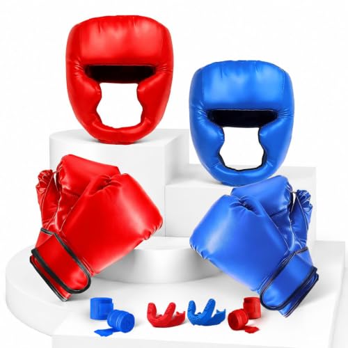 14 Pcs Boxing Set Boxing Equipment Set for Beginners Including 2 Pair of 6 oz Boxing Gloves Headgear Helmet Hand Wraps Mouth Guards Gifts Training Equipment - color: Red & Blue