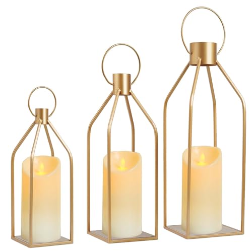 Elegant Gold Decorative Lanterns Set of 3 - 19/16/13 Inch Metal Indoor Lanterns Decorative with Flickering LED Candles, Front Entrance Decor for Home Wedding Christmas Housewarming Gift - color: Gold, size: Set of 3 ( 19" 16" 13" )